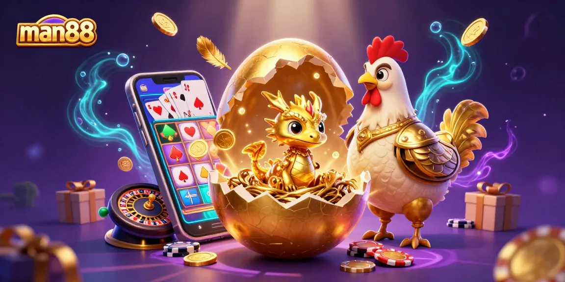 Experience thrilling gameplay with man88, featuring a dragon, poker chips, and vibrant casino elements.