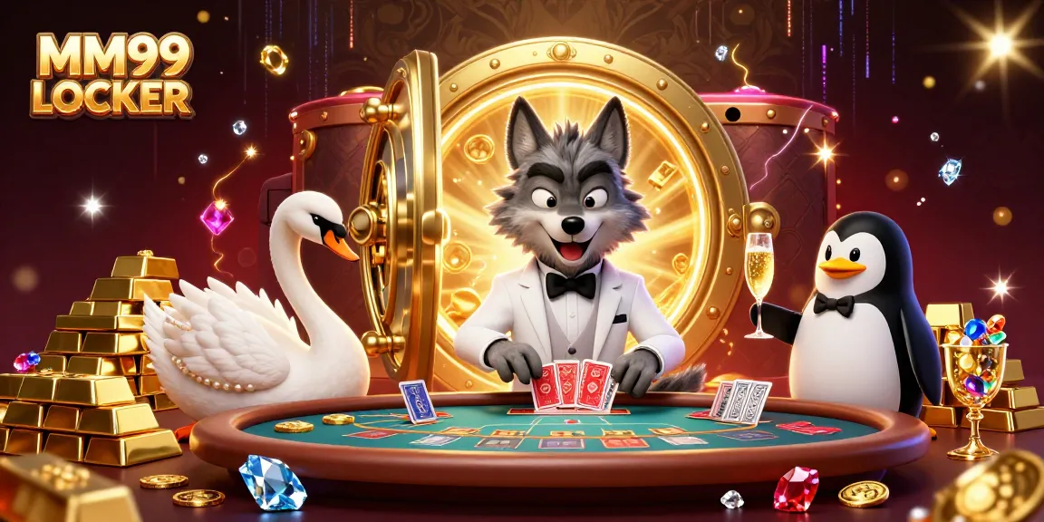 Experience the excitement of MM99 LOCKER with 3D cartoon characters at a baccarat table, gold treasures, and stunning gems!