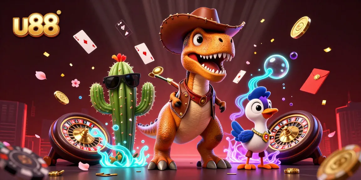 Spin and win with u88 in an exciting casino-themed illustration featuring dynamic game elements.
