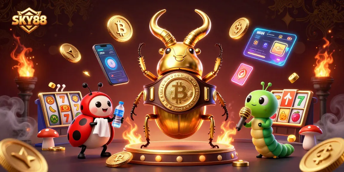 Engage in thrilling gameplay at SKY88, featuring vibrant slot reels and dynamic golden characters in action.