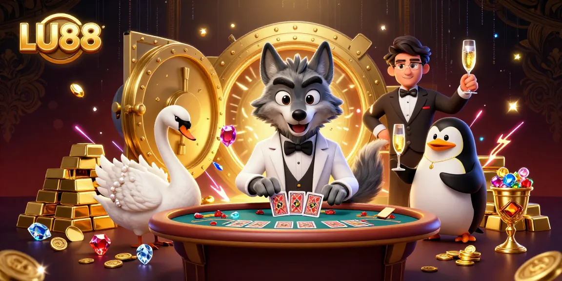 Engage in thrilling gameplay with LU88, a vibrant casino scene featuring a debonair wolf and elegant swan.