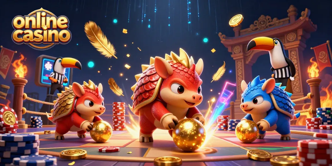 Rival pangolins bowling through poker chips in a vibrant online casino showdown.
