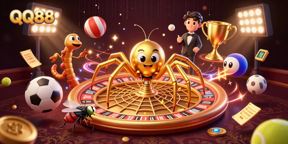 Bet on QQ88 with the golden web of chance featuring a spider, centipede, and dynamic sports elements.