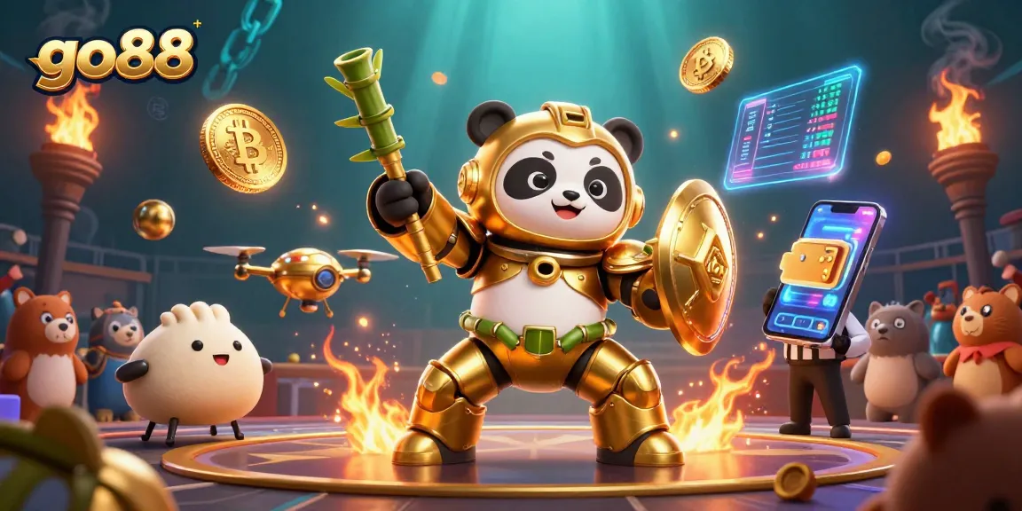 Experience vibrant go88 action with a golden panda mech battling in a lively casino arena.