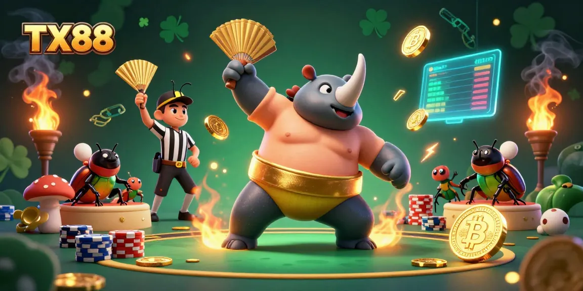 Experience TX88 action with a cartoon beetle champion amidst poker excitement and glowing crypto coins flying.