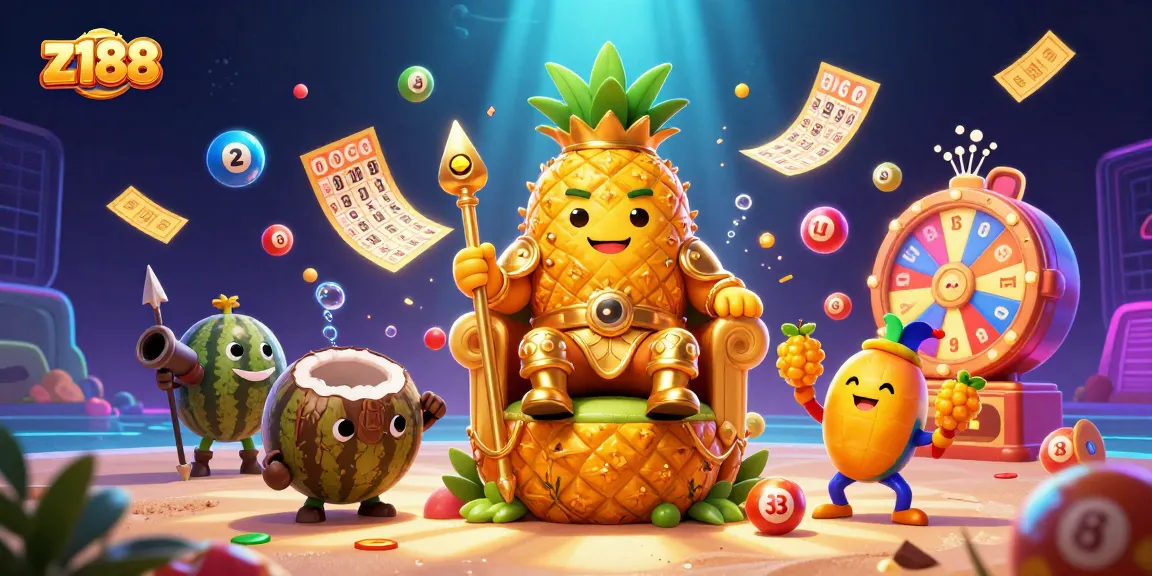 Engage with z188's vibrant gaming experience featuring a golden pineapple king and dynamic casino elements.