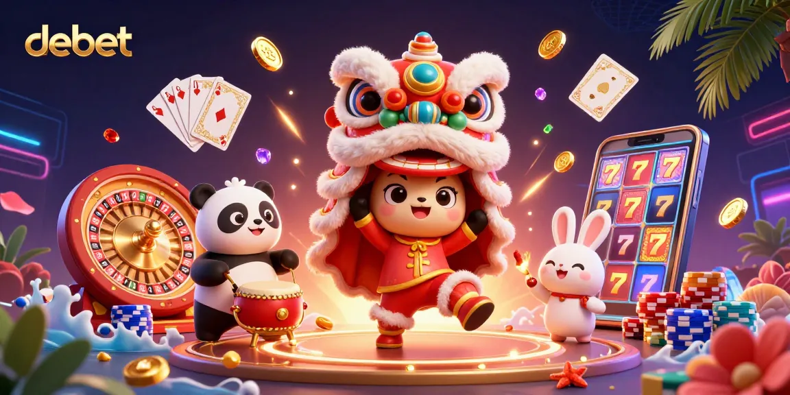 Engage with debet's vivid casino scene showcasing a festive lion dance, coins, and roulette.