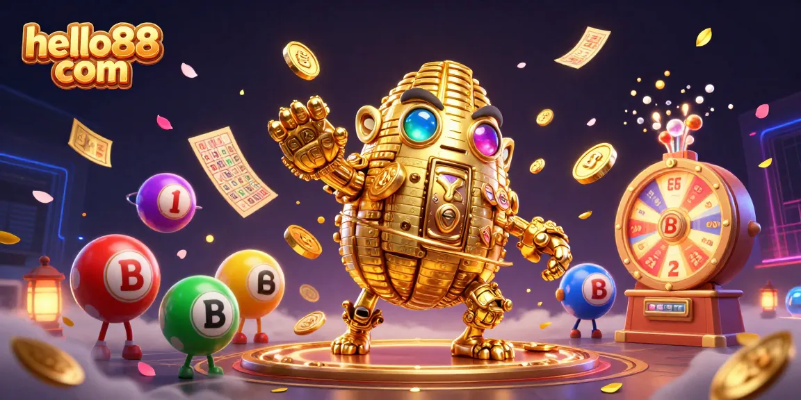 Engage with exciting features on hello88 com, showcasing a vibrant golem amidst gambling elements.