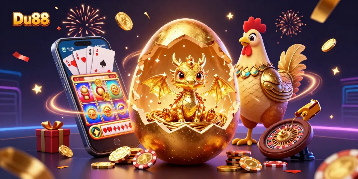 Win big with Du88 in an exciting casino scene featuring a golden baby dragon and poker chips.