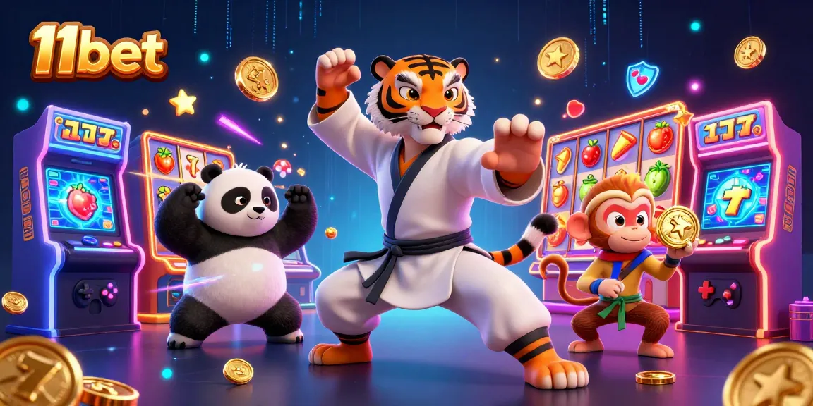 Engage with thrilling 11bet slot reels in a vibrant, energetic 3D casino scene.