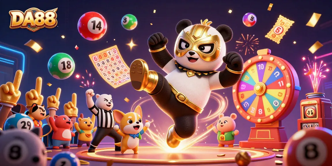 Engage in thrilling DA88 lottery excitement with animated characters and vibrant gaming elements.