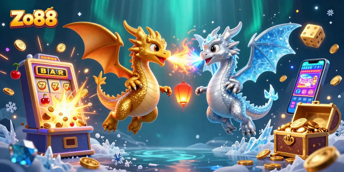 Experience the excitement of Zo88 with a dynamic scene of dragons and casino games.