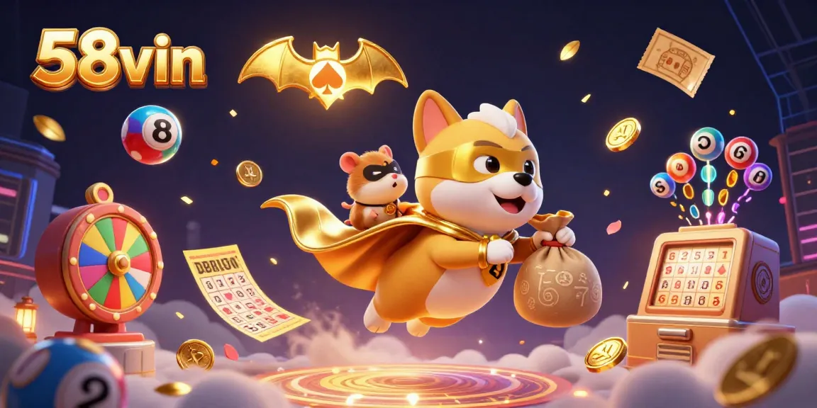 Join the excitement of 58vin with a superhero dog and hamster amidst colorful lottery elements.