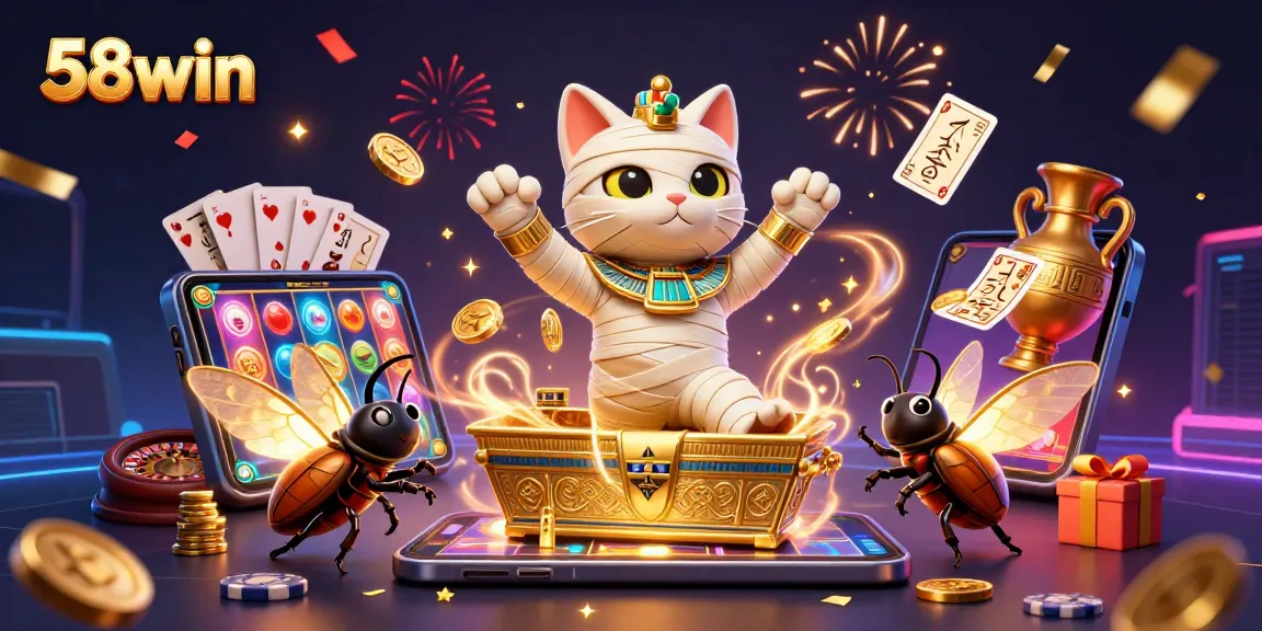 Join the excitement at 58win with a stunning pyramid casino scene featuring colorful slot games.