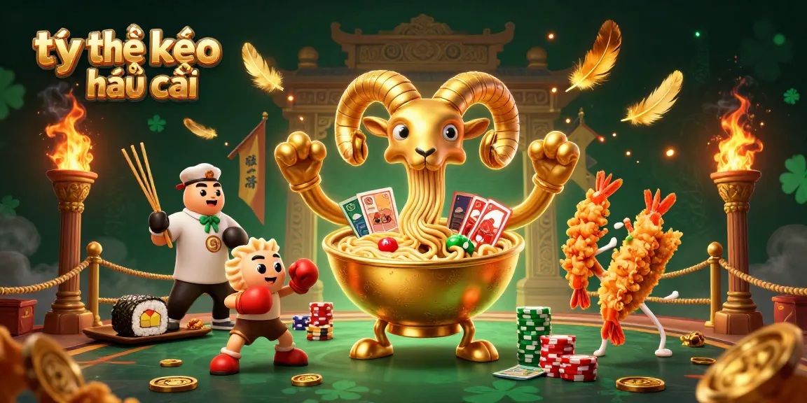Bet on tỷ lệ kèo nhà cái with a cartoon ramen bowl and dynamic casino elements.