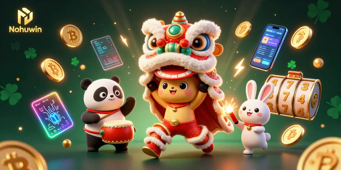 Nohuwin showcases vibrant slot features with a lively lion dance amidst crypto elements.