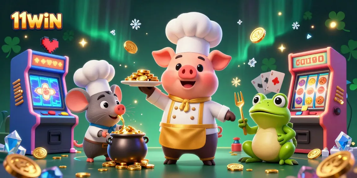 Spin the reels at 11WIN with a playful chef pig serving gold coins in a vibrant casino.