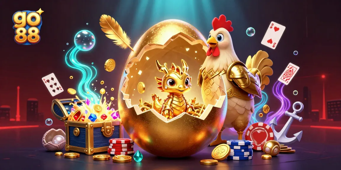 Experience epic wins at go 88 with a dynamic illustration of a golden dragon amidst poker chips and treasure.