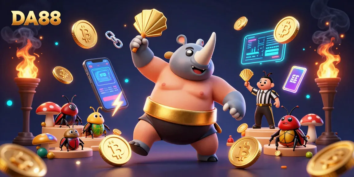 Experience thrill with DA88 in a vibrant 3D casino scene featuring crypto coins and beetle spectators.