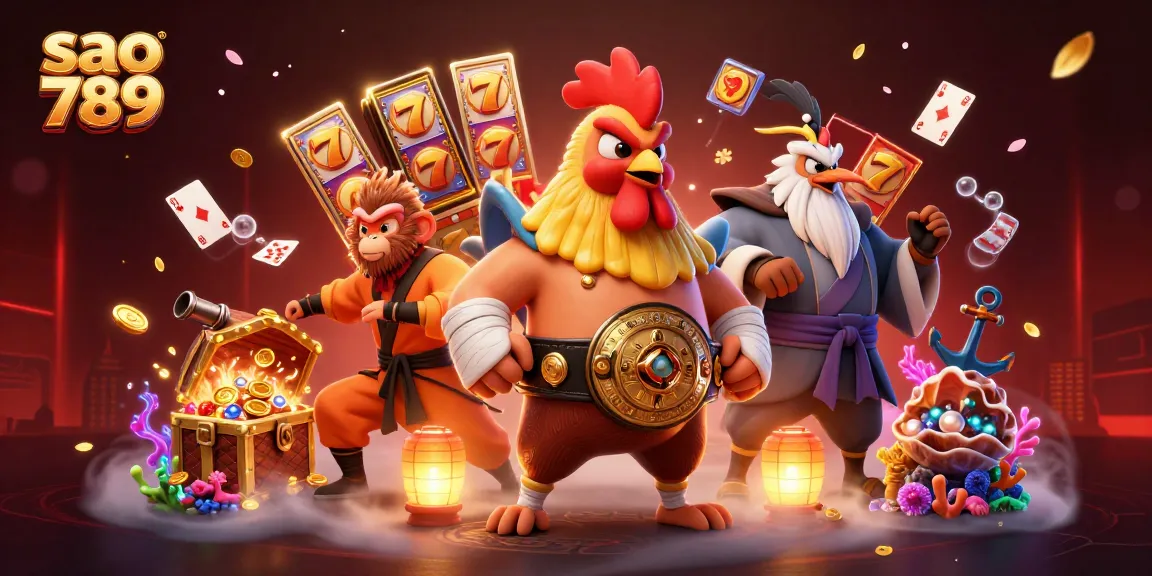 Sao 789 - vibrant 3D scene showcasing a Muay Thai rooster, Shaolin monkey, and crane master in a casino setting
