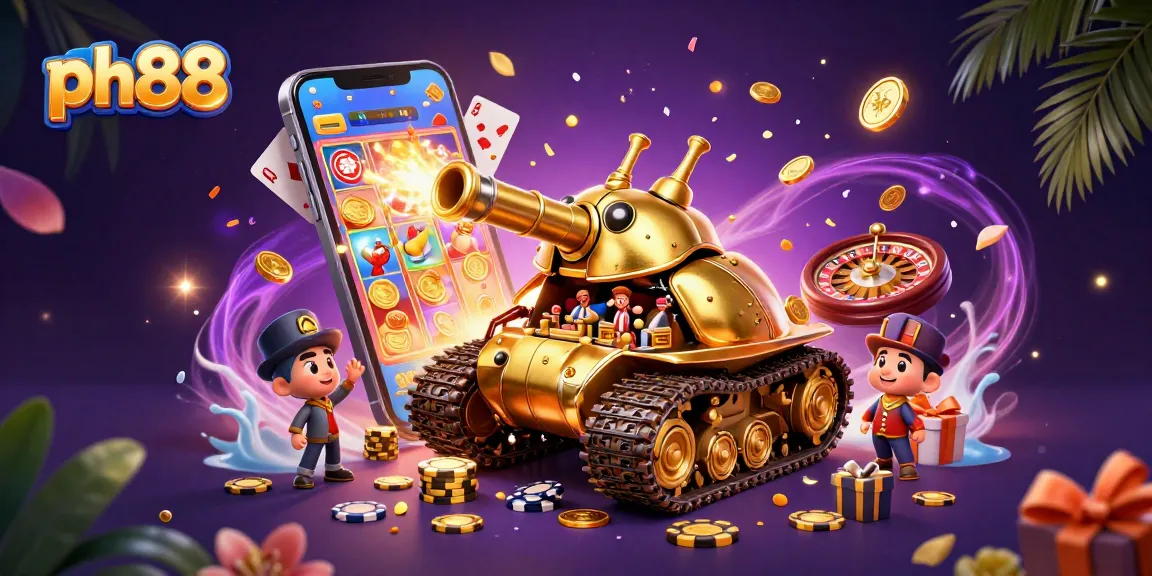 Experience the vibrant world of ph88 with a colorful 3D casino scene featuring a golden beetle tank and interactive gaming elements.
