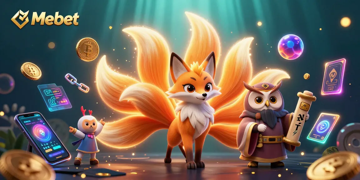 Mebet showcases a vibrant casino scene with a nine-tailed fox, owl sage, and crypto elements.