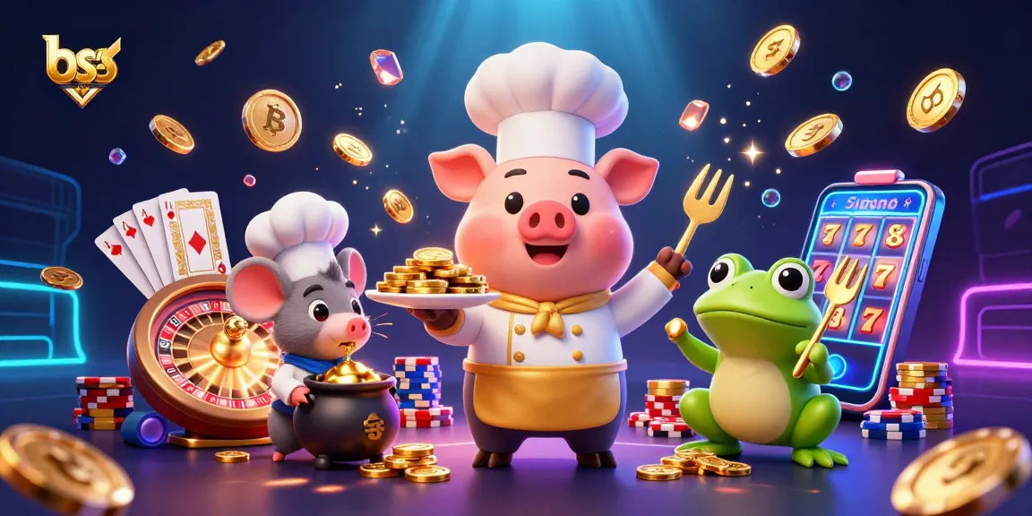 Engage with bsport as the chef pig serves gold coins amidst vibrant casino elements in a dynamic 3D scene.