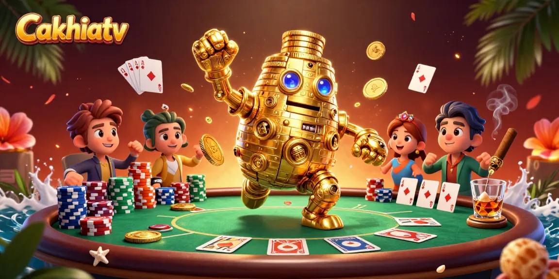 Cakhiatv immerses players in a dynamic gambling scene with golden golems and poker elements.