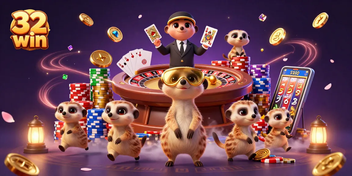 Experience the excitement of 32 win with meerkats operating a lively casino in this vibrant illustration.