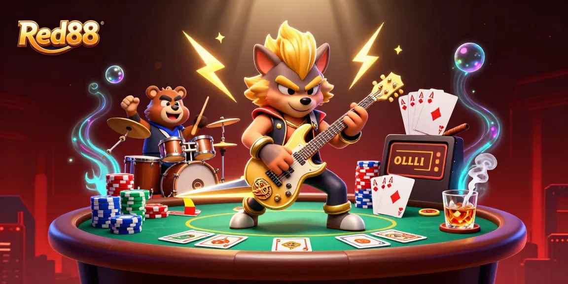 Experience Red88's dynamic casino scene with a rock star wolf and vibrant gaming elements.