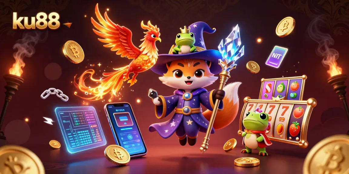 Experience the thrill of ku88 with this vibrant 3D casino scene featuring colorful slot reels and mystical characters.