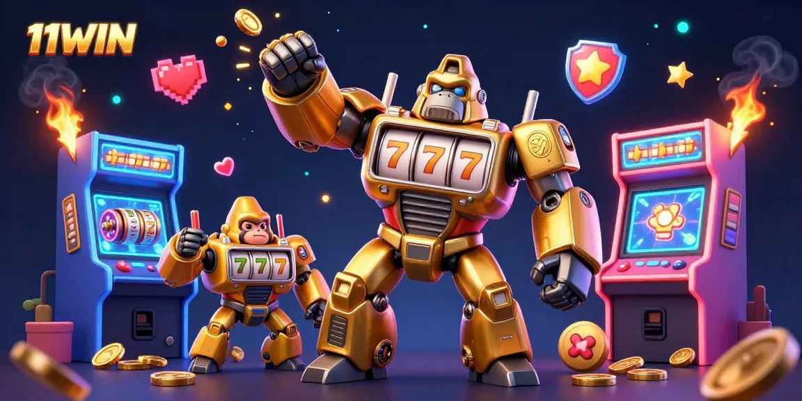 Experience thrilling slot action with 11WIN's dynamic golden gorilla mech in a vibrant casino scene.