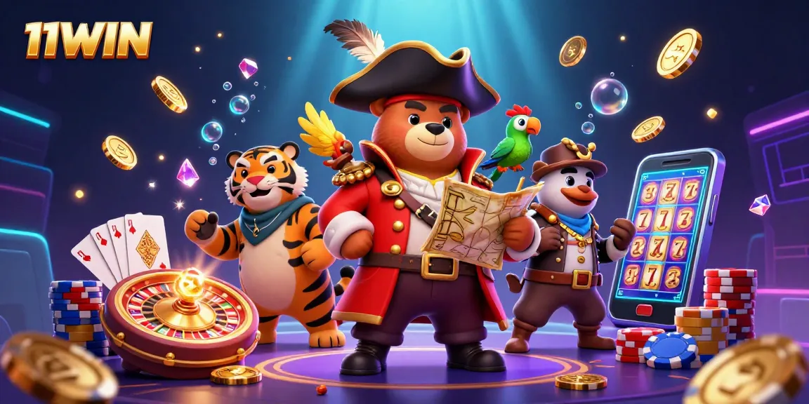 Engage with 11WIN as 3D cartoon pirate characters celebrate with treasure and casino elements.