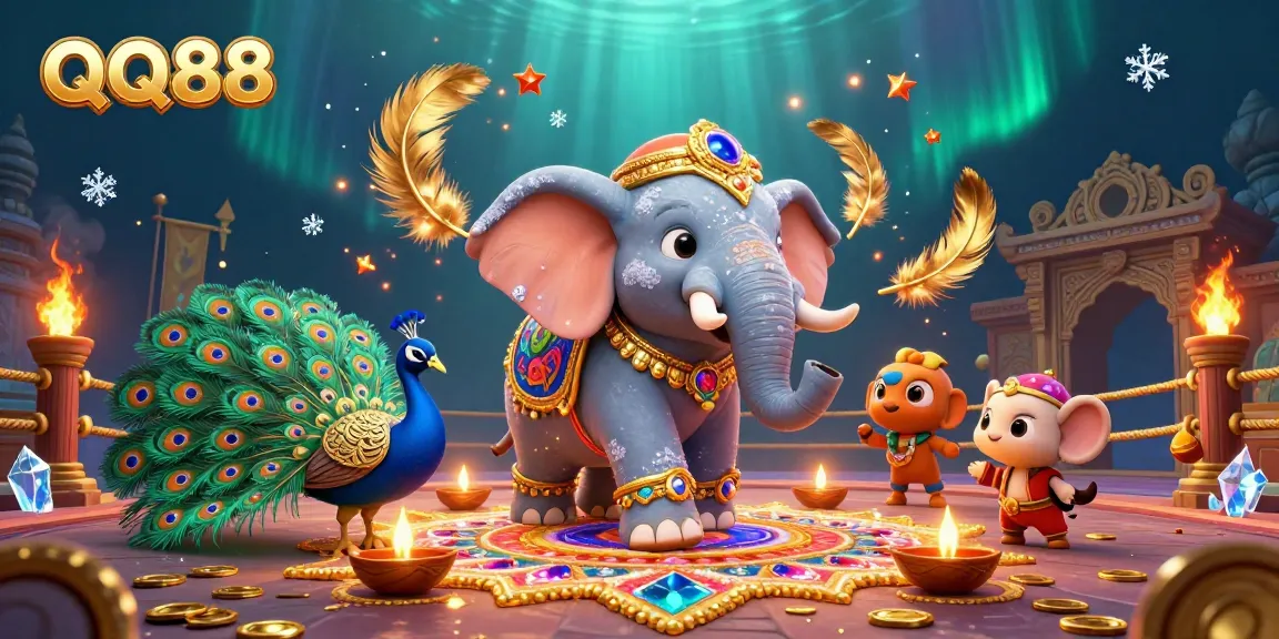 Engage with QQ88's vibrant gaming landscape, featuring a colorful elephant and peacock in a dynamic casino setting.