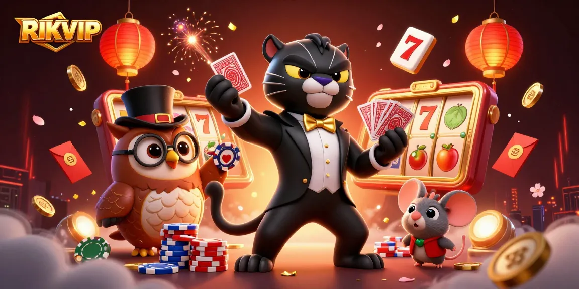 RIKVIP showcases a stylish panther dealer in a tuxedo amidst vibrant slot machines and casino elements.