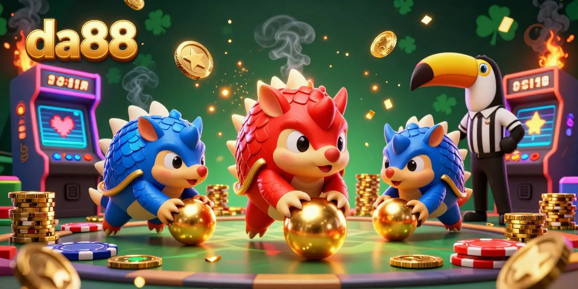 Experience the excitement of da88 as rival pangolins roll through poker chips in a vibrant casino setting.