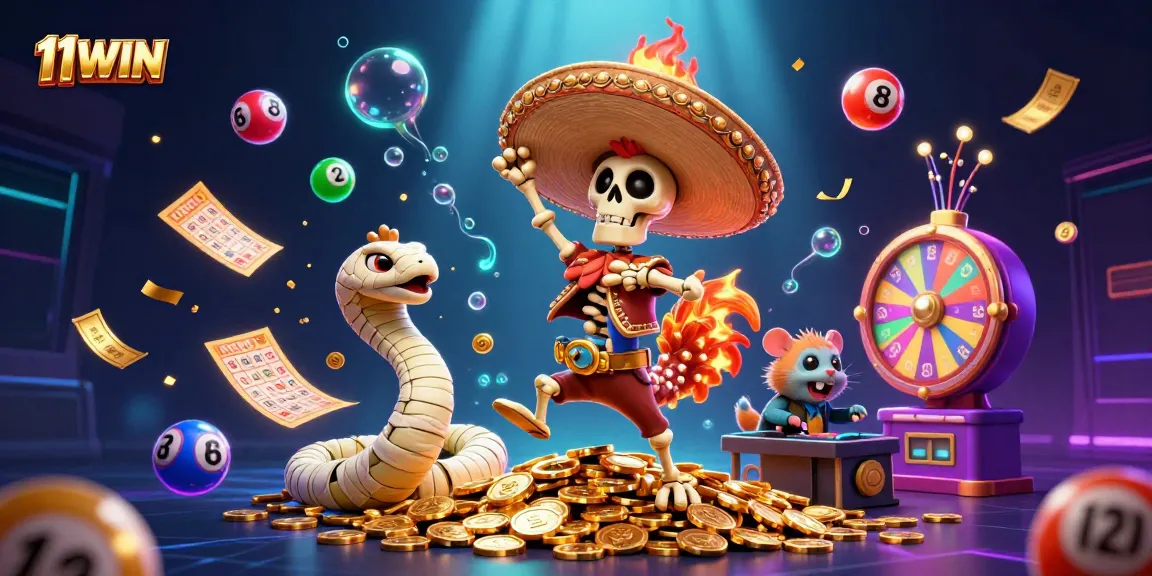 Join the excitement with 11WIN's vibrant lottery scene featuring animated characters and games.