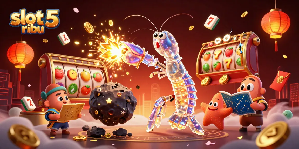 Experience the excitement of slot 5 ribu with vibrant casino elements and dynamic characters in a 3D illustration.