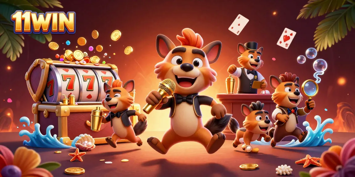 Experience the thrilling comedy casino atmosphere of 11WIN where cartoon hyenas entertain players with laughter and drinks.