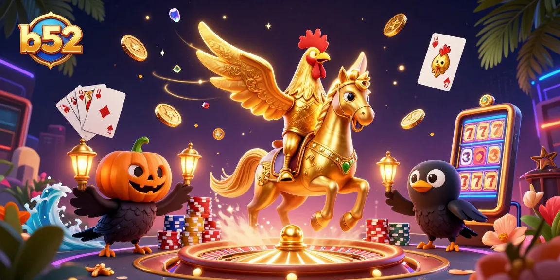 Play at b52 Casino with the exciting golden rooster in a bustling casino scene.