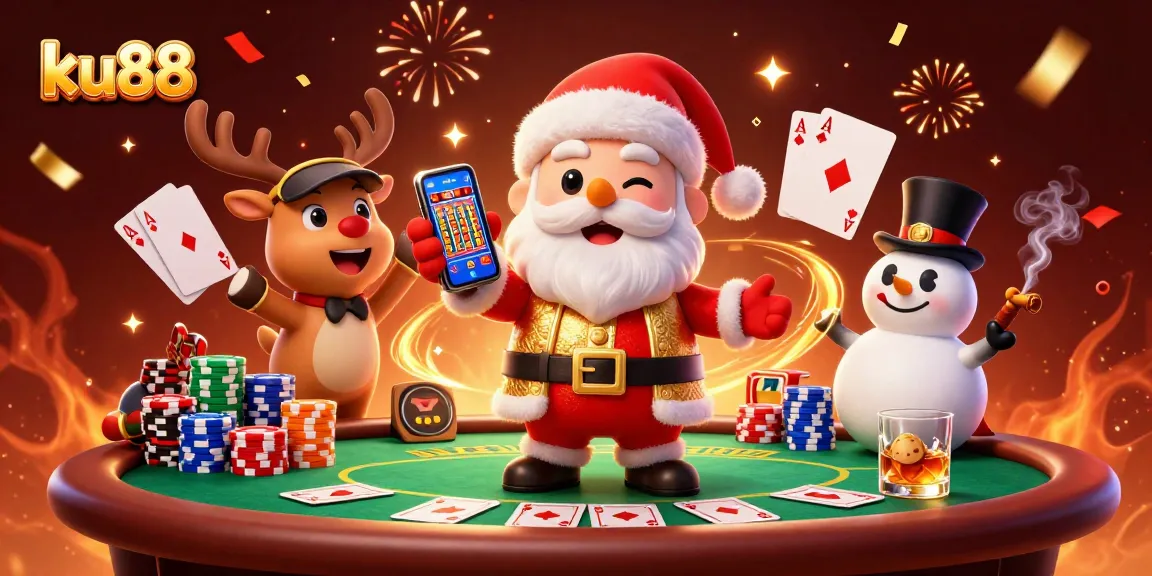 Spin the jackpot slots with ku88 in a vibrant casino scene featuring festive characters.
