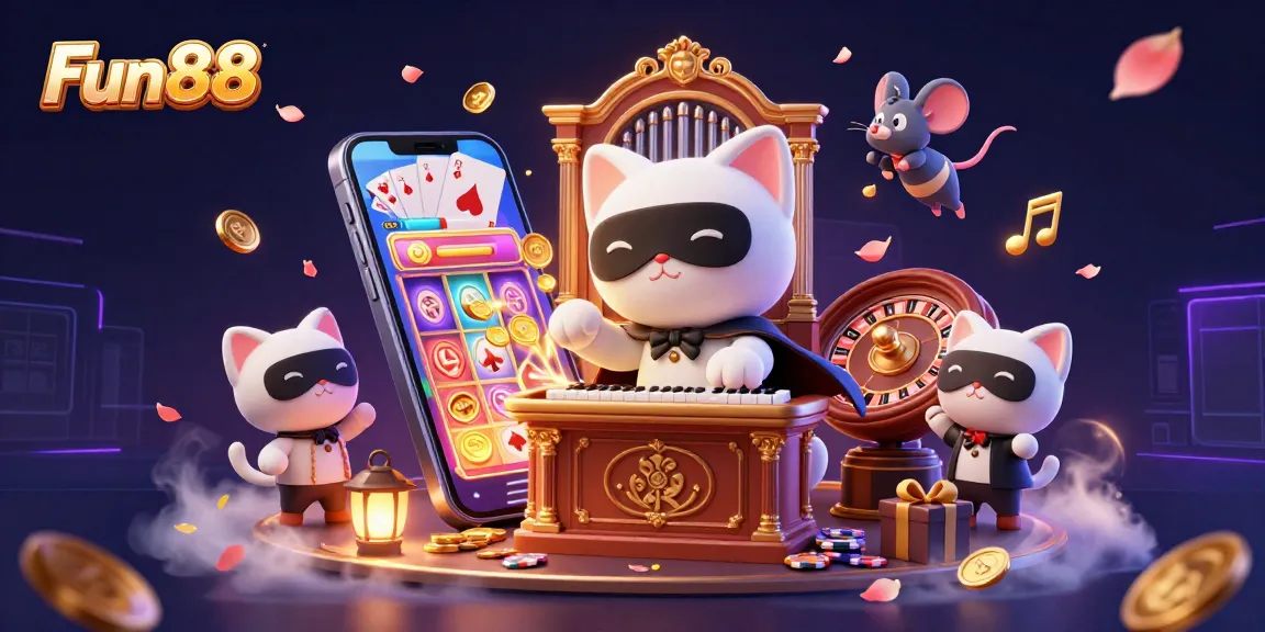 Experience thrilling gameplay at Fun88 with a vibrant casino scene featuring a phantom cat and colorful slot elements.