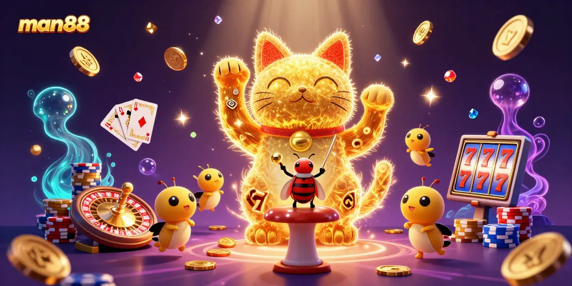 Experience big wins with man88, featuring animated casino symbols and vibrant 3D effects.