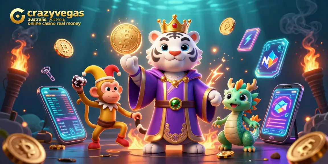 Experience excitement and winnings at crazyvegas australia online casino real money with a dazzling, animated scene of a royal tiger and jester.