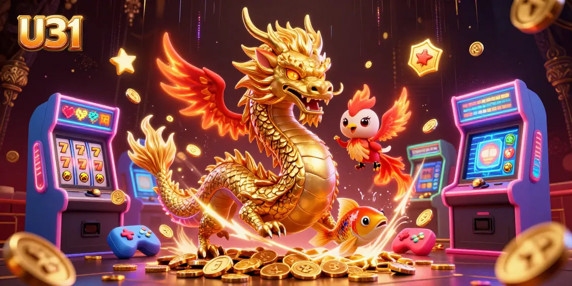 Win big with U31's exciting games, featuring a vibrant dragon and phoenix illustration.