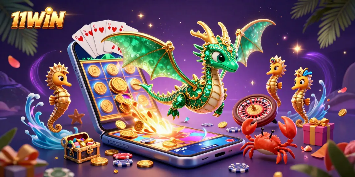 Experience the excitement of 11WIN with a vibrant 3D scene featuring magical sea creatures and dynamic casino elements.