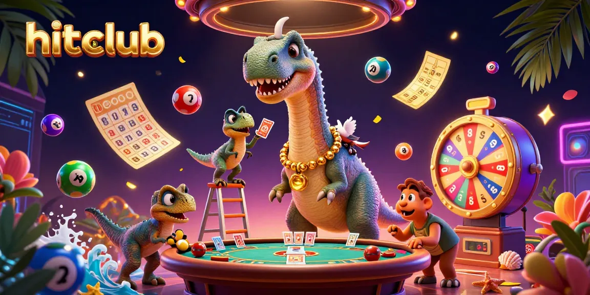 Engage in hitclub’s thrilling poker scene with a dinosaur dealer and vibrant casino elements.