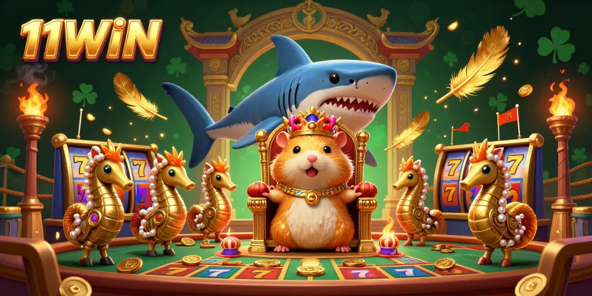 Experience thrilling gameplay with 11WIN, featuring a vibrant casino scene filled with golden coins and slot reels.