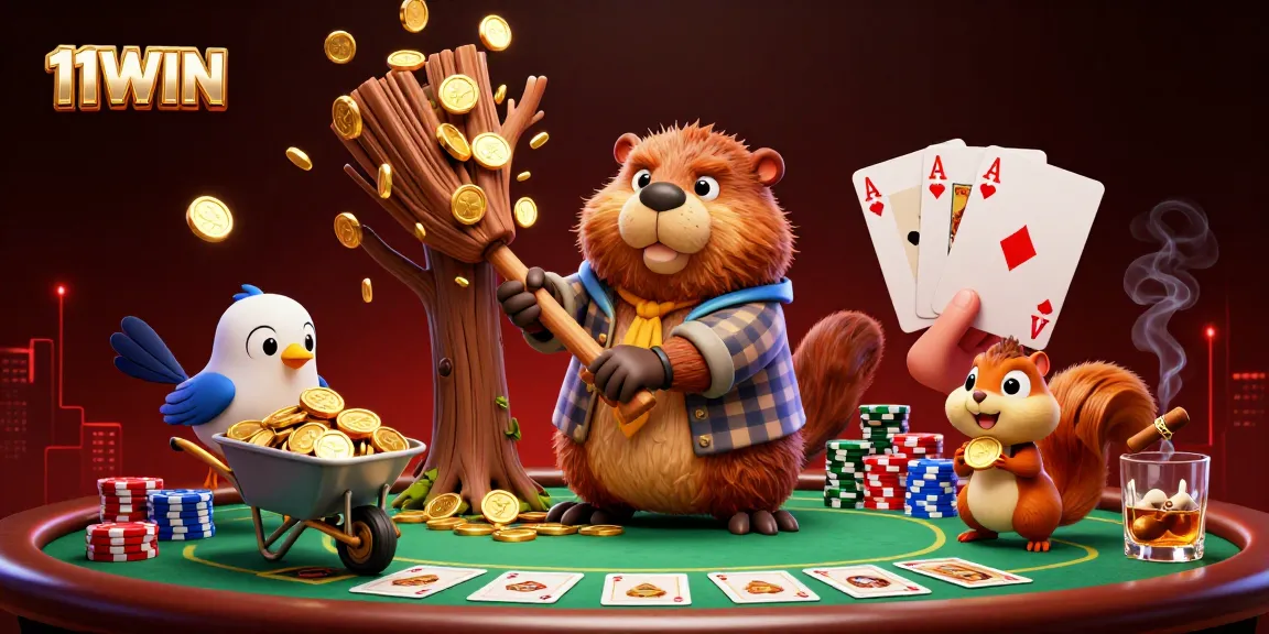 Engage with the 11WIN gaming scene featuring a beaver, a bird, and a squirrel amidst casino action.