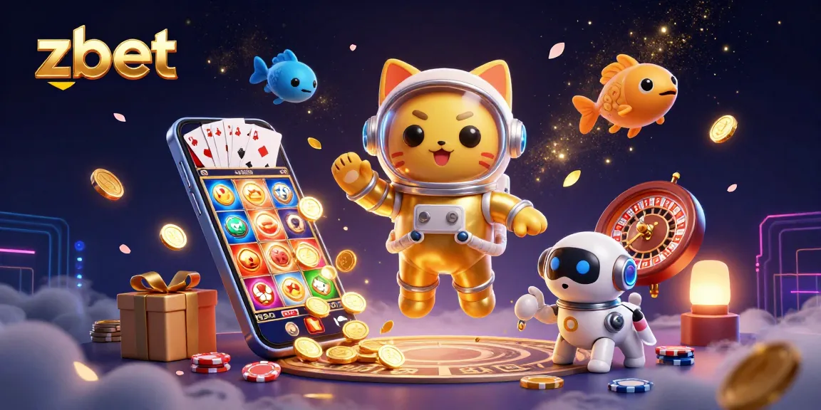 Experience zbet gaming with a cat astronaut, robot dog, and vibrant casino elements in space.